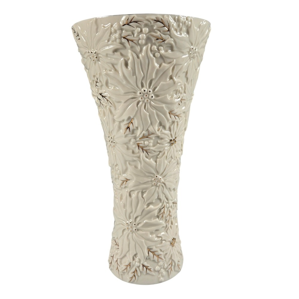 Lenox Holiday Poinsettia Embossed Ivory Vase Gold Trim Christmas Floral Vase